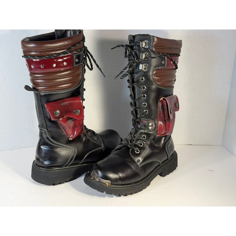 Cyberpunk Industrial Combat Boots Utility Pouches Metal Toe Black Burgundy EU 38